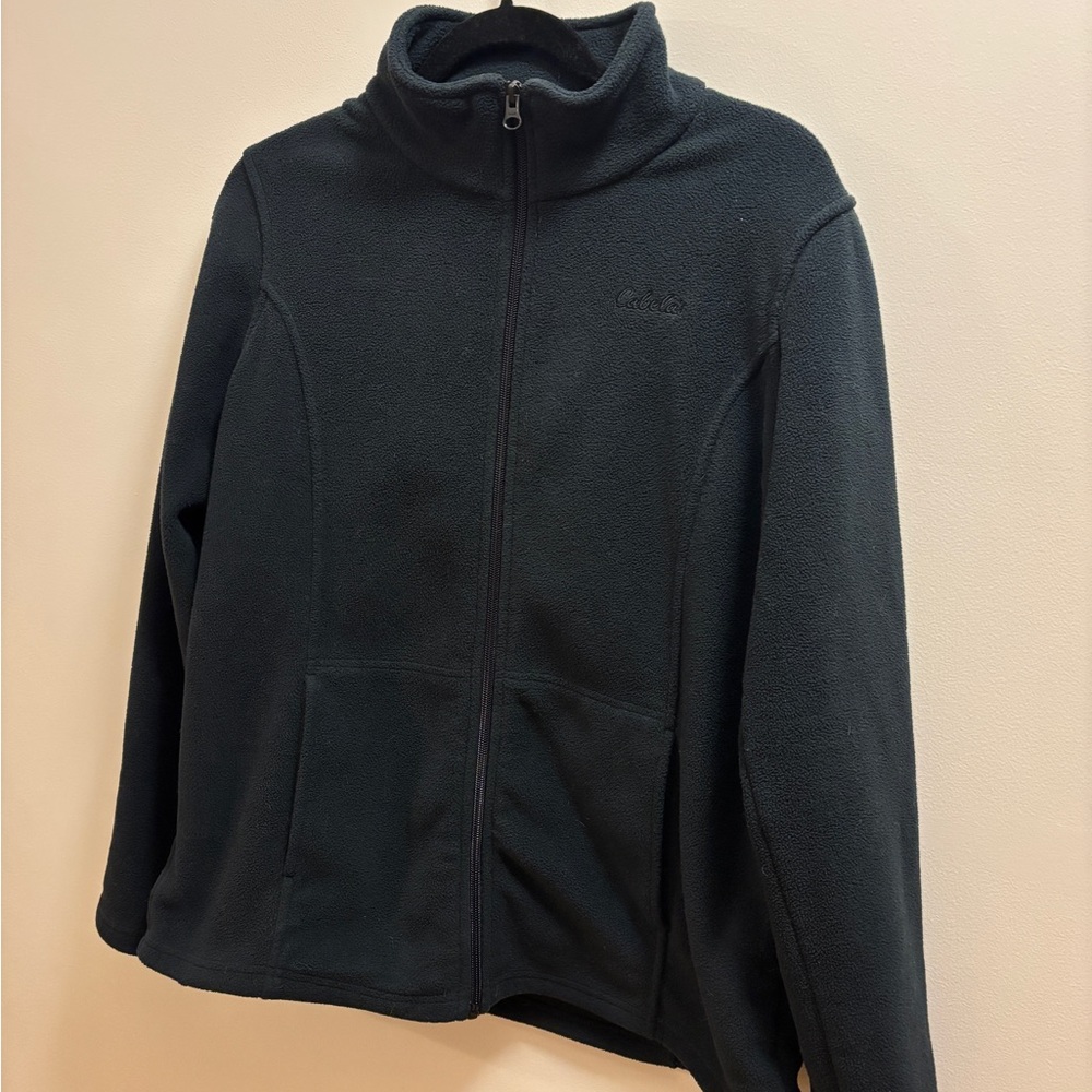 Cabela’s soft Black Full Zip Fleece Jacket mock neck with inside drawstring l/g